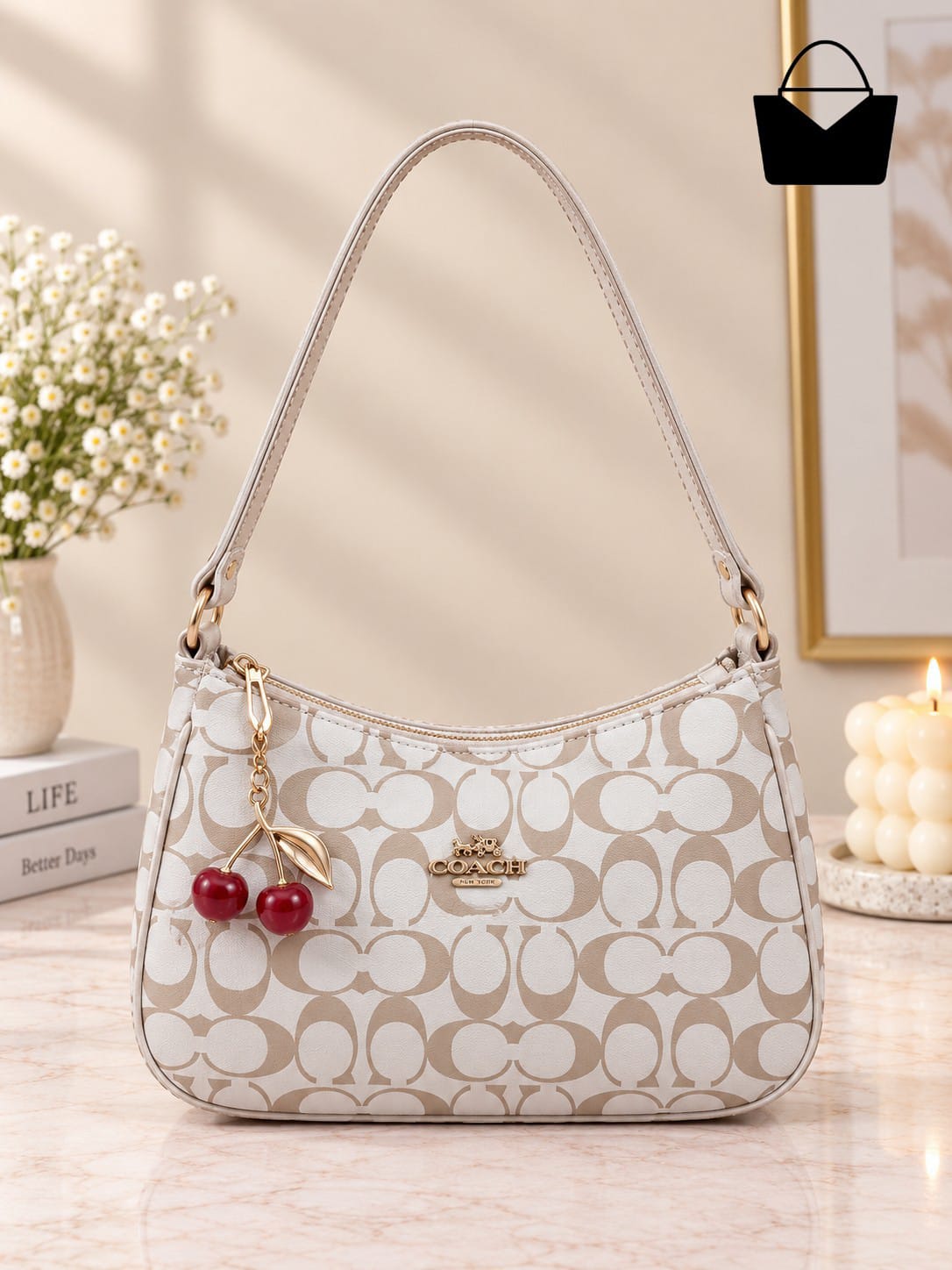 Coach Cherry Bag Curved Shoulder Bag Stylish Designer Handbag Accessory - Beige