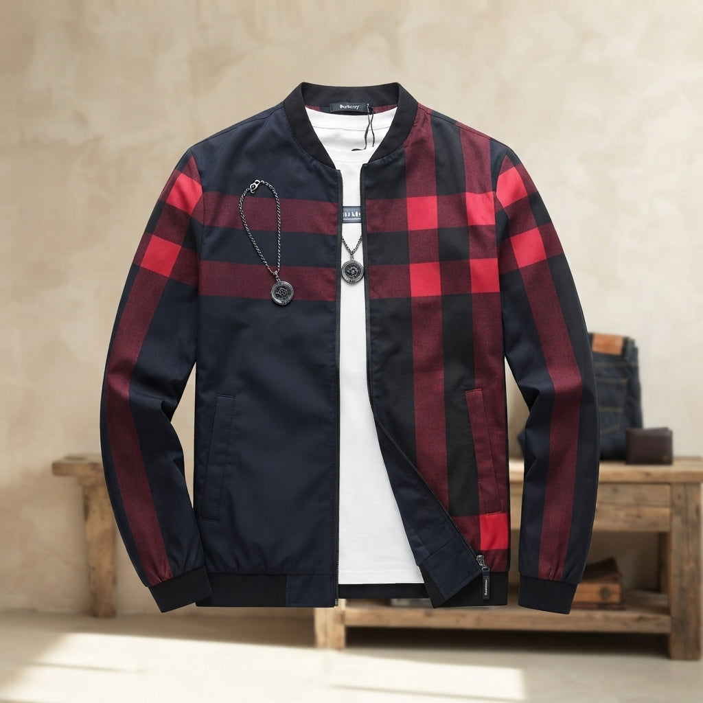 Men's Black Checkered Bomber Jacket - L, Black