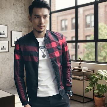 Men's Black Checkered Bomber Jacket - L, Black
