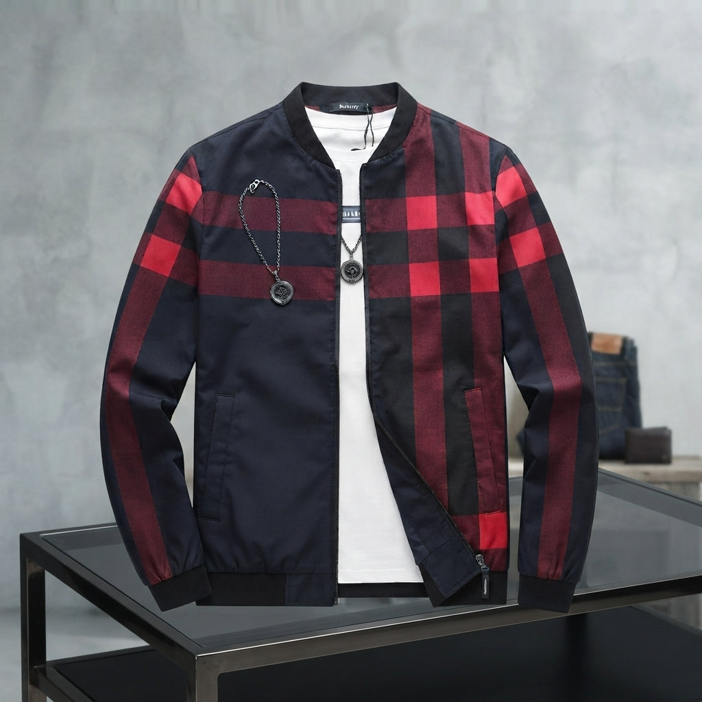 Men's Black Checkered Bomber Jacket - L, Black