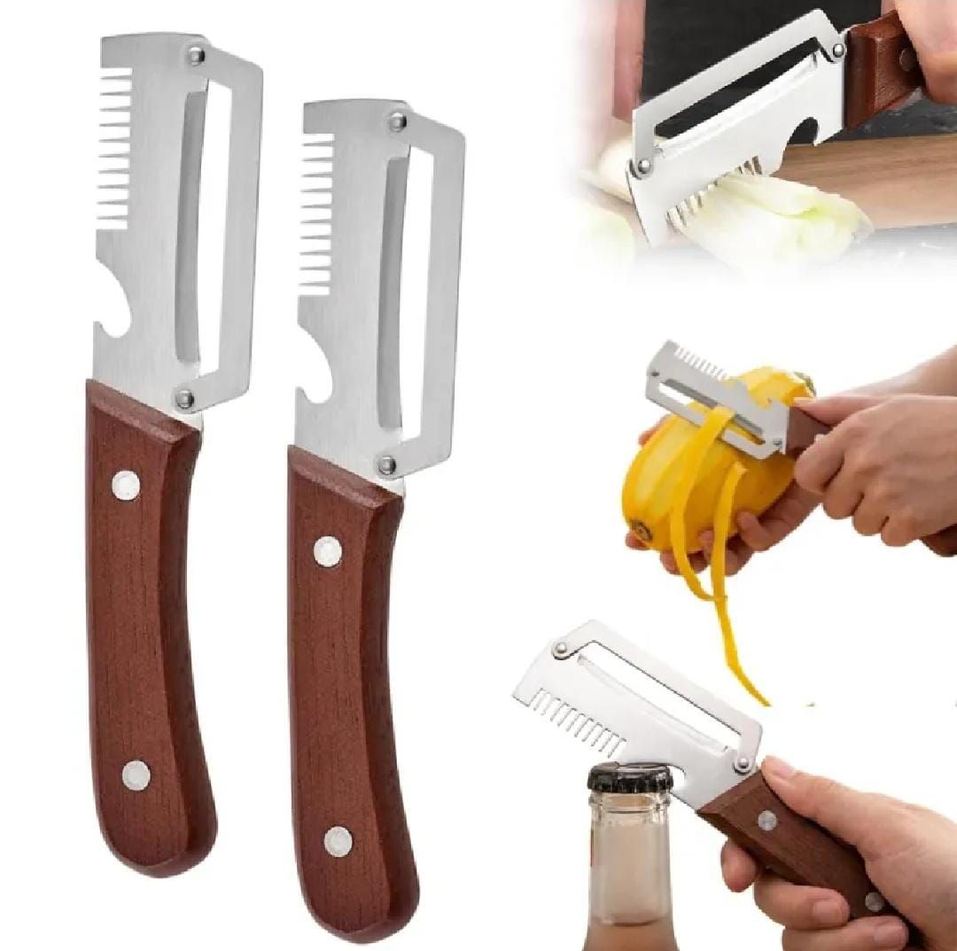 3 In 1 Multipurpose Stainless Steel Peeler Knife And Bottle Opener - Wooden Handle