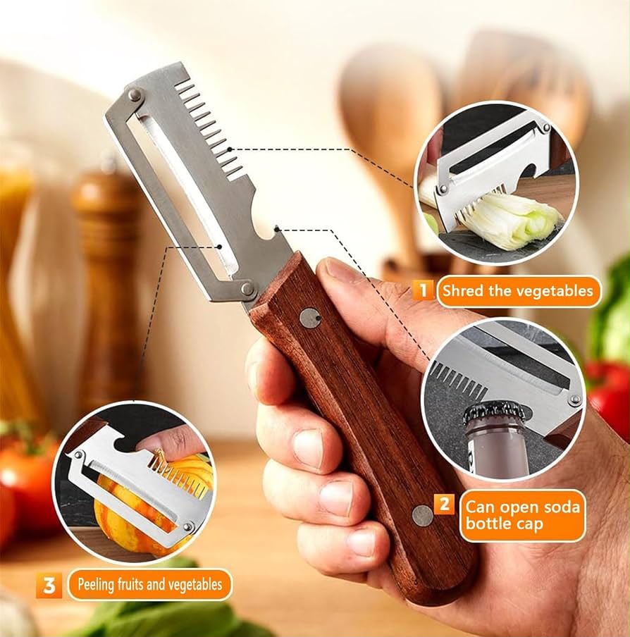 3 In 1 Multipurpose Stainless Steel Peeler Knife And Bottle Opener - Wooden Handle