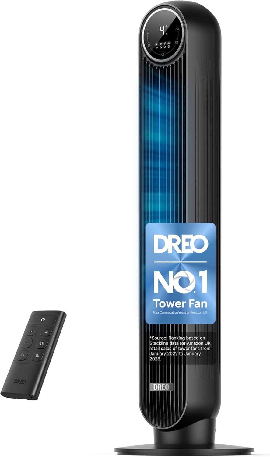 DREO 20dB Silent Tower Fan, 28 ft/s Velocity Electric Cooling Fan with Remote